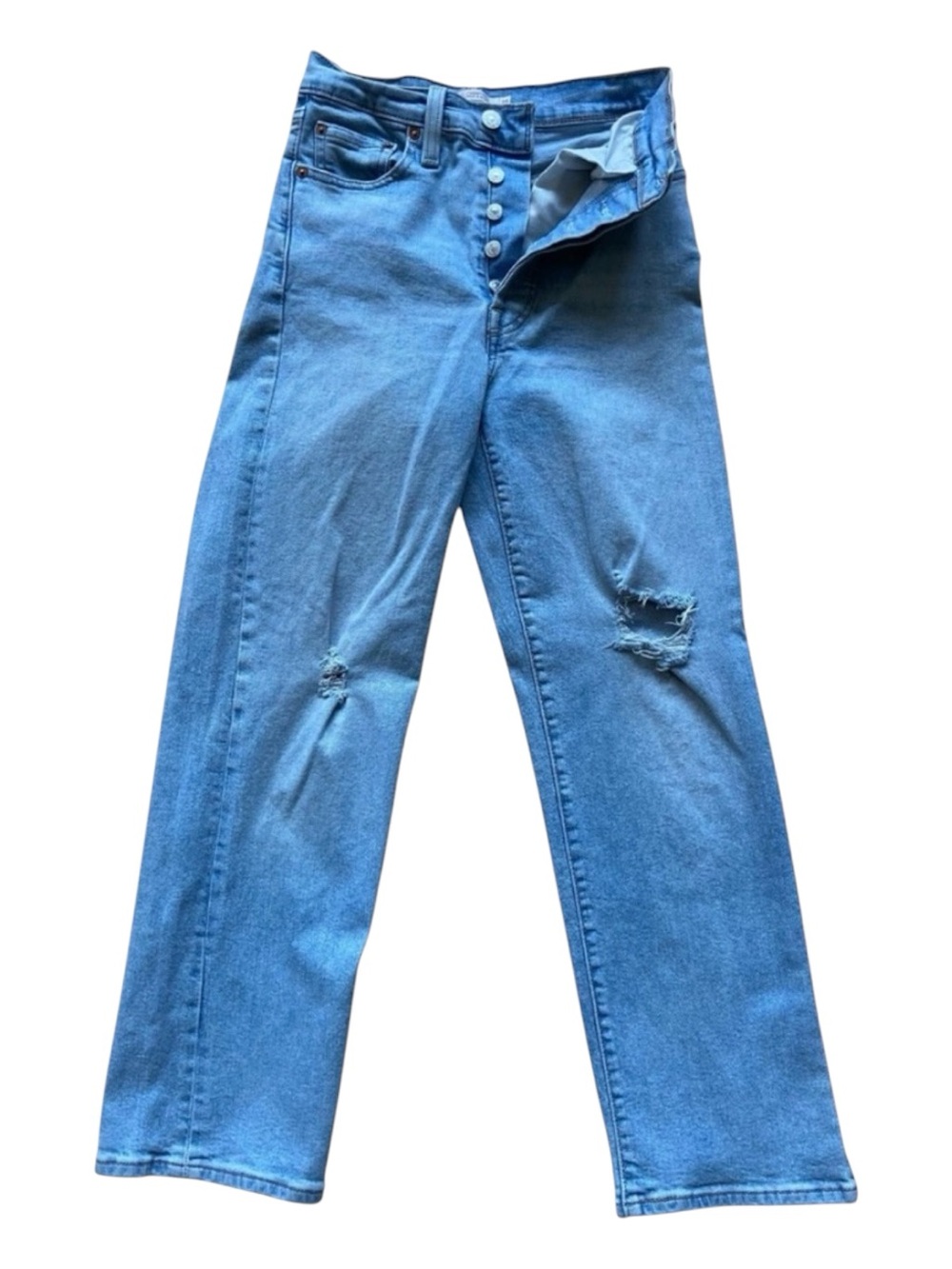 Levi’s Ribcage straight ankle jeans button fly stretch light wash blue ripped 25